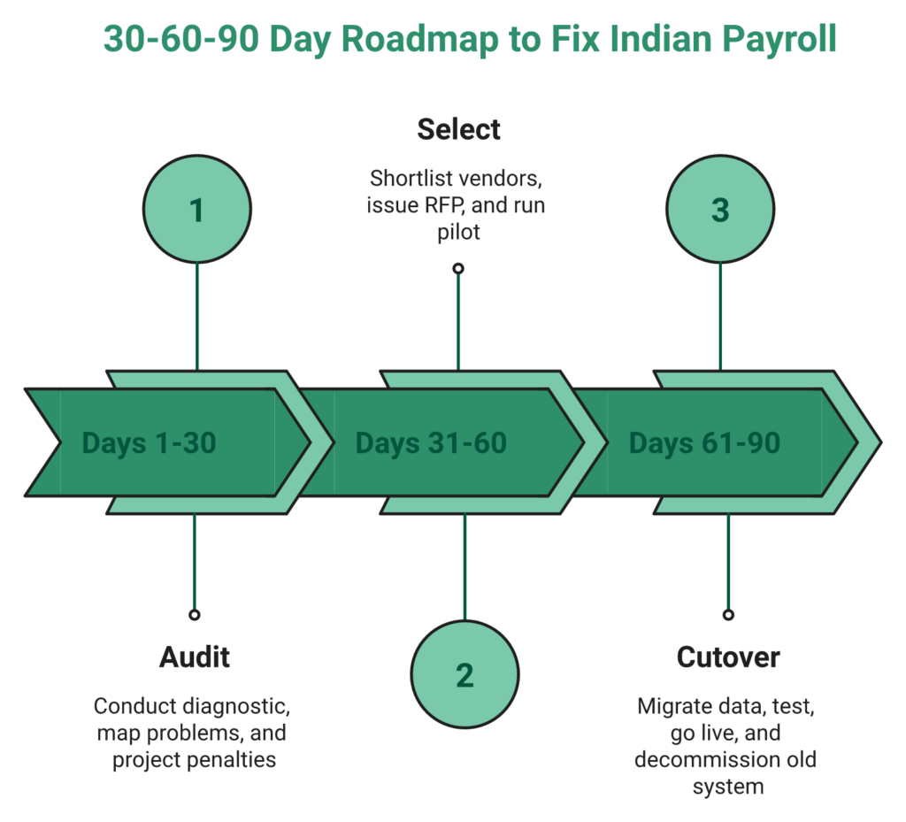 30-60-90 Day Roadmap With Audit Select Cutover Phases And Owner Deliverables For Fixing Indian Payroll