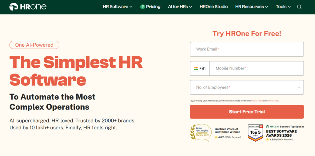 Hrone Ai-Powered Hr Software Homepage With Free Trial Form And Gartner And Best Software Awards 2026 Badges