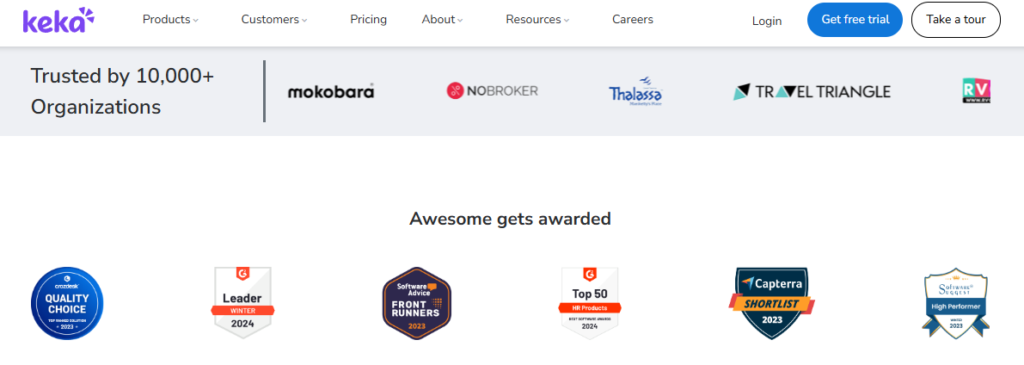  Keka 10,000+ Organisation Badge Wall With G2, Capterra And Softwaresuggest Awards Used In Hrms Shortlisting.