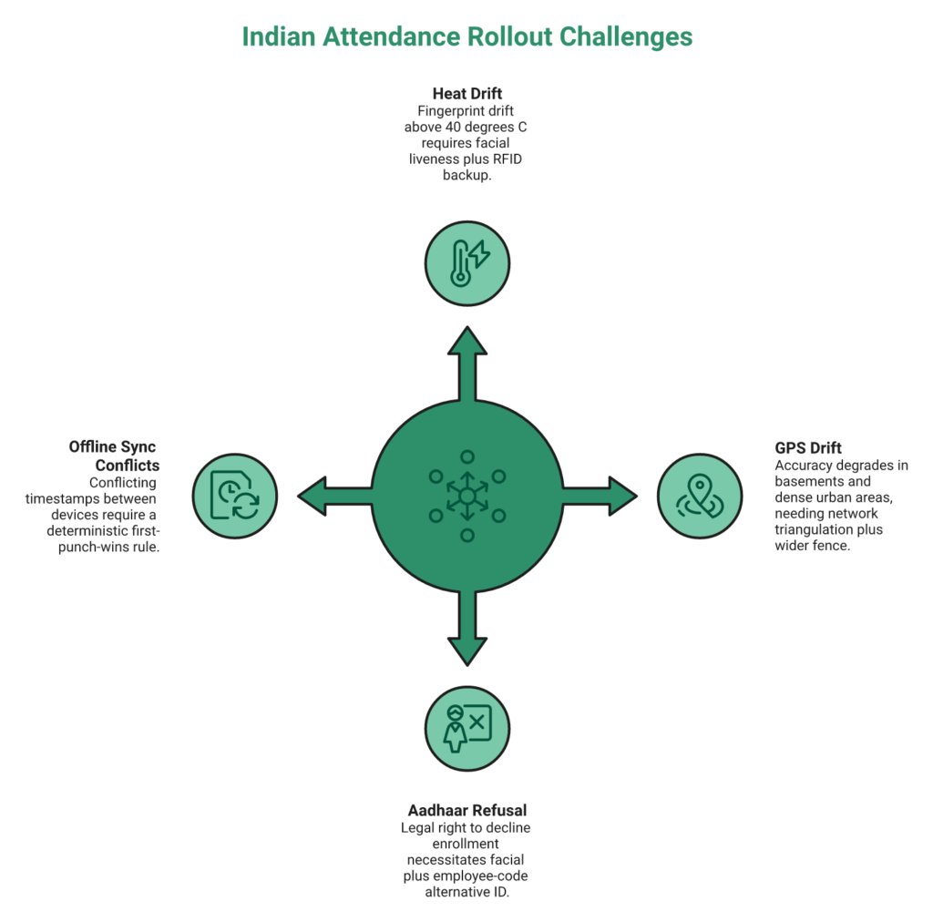Four Attendance Failure Modes: Heat Drift, Gps Drift, Aadhaar Refusal, And Offline Sync Conflicts With Documented Fixes.
