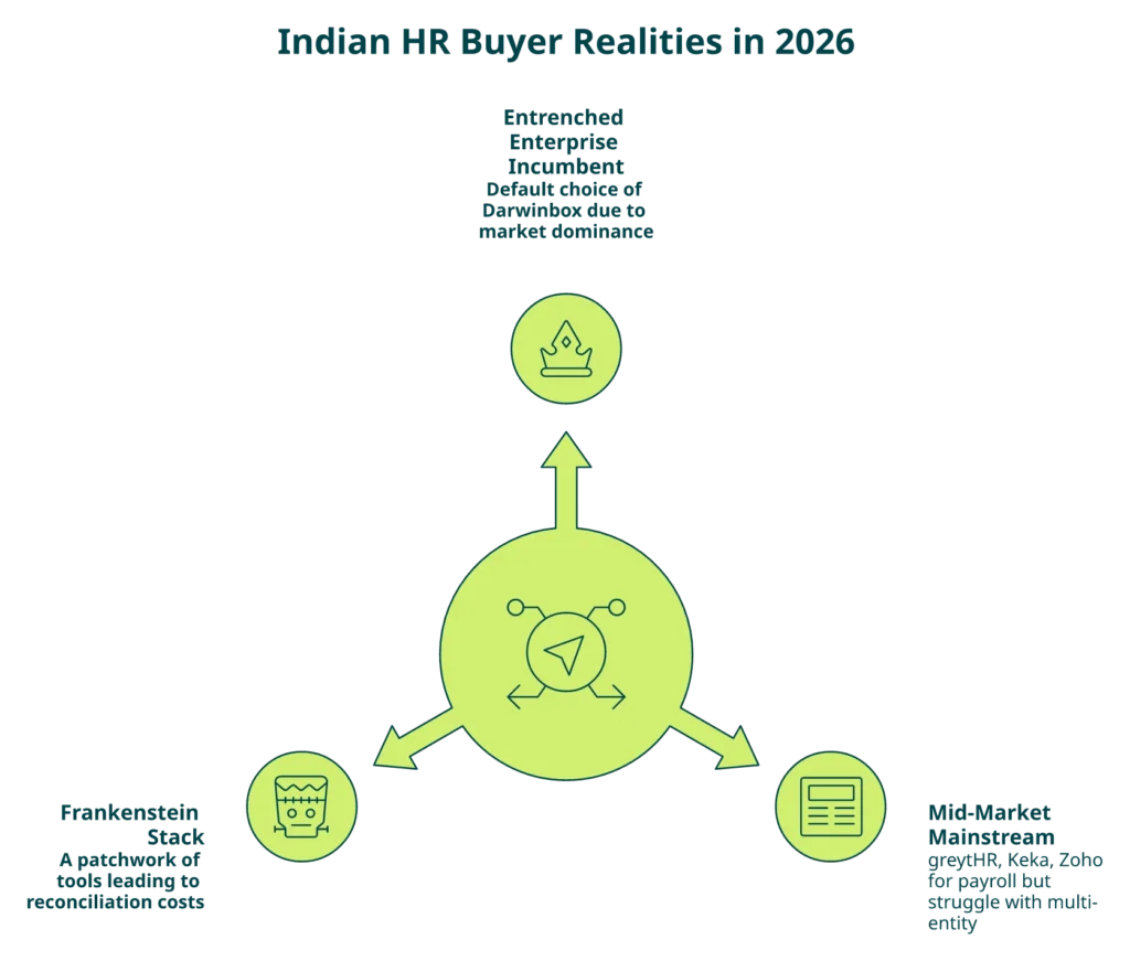 Hrms Software Payroll Hrms Radial Diagram Of Three Indian Hrms Buyer Realities In 2026: Incumbent, Mainstream, And Frankenstein Stack