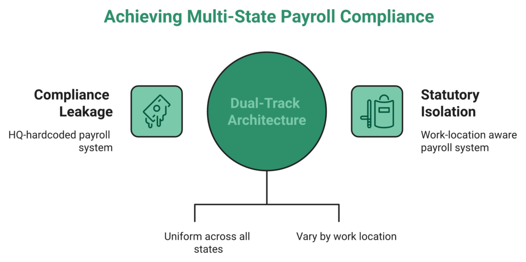 Diagram Comparing Central And State Payroll Statutes Converging Into One Compliant Multi-State Payroll Run In India.