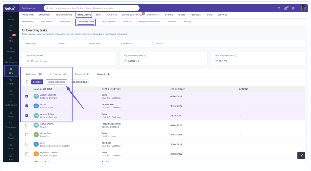 Hrms Software Hr Technology Hrone Keka Onboarding Tasks Dashboard Tracking New Joiners By Status, Department, And Task Completion Rate