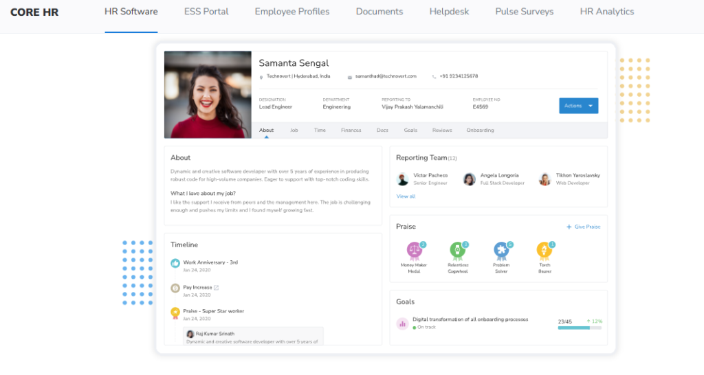 Keka Core Hr Employee Profile Showing Job Details, Reporting Team, Activity Timeline, Praise Badges, And Goals