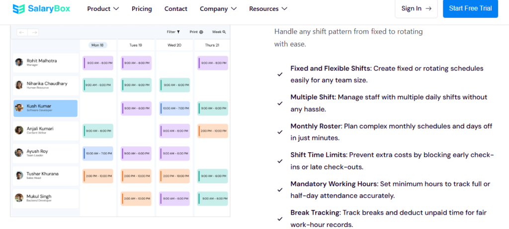 Salarybox Weekly Roster Grid Assigning Fixed And Rotating Shifts Across Staff For Retail Scheduling