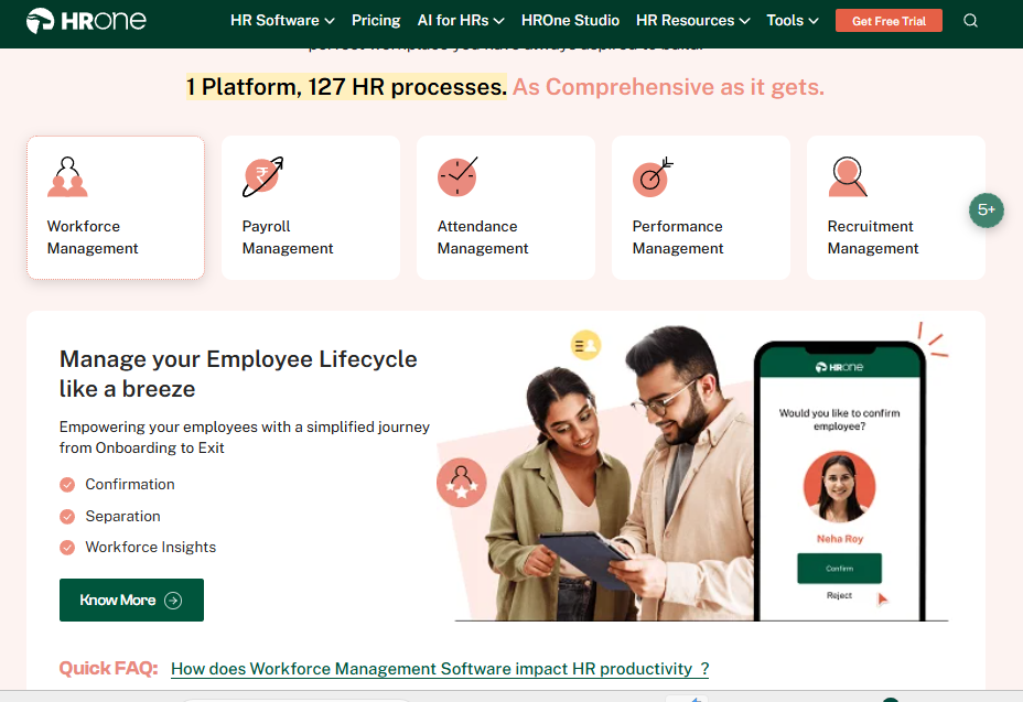 Hrone Hr Software Showing 127 Hr Processes Across Workforce, Payroll, Attendance, Performance And Recruitment Modules