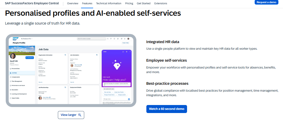  Sap Successfactors Employee Central Profile With Integrated Hr Data And Ai-Enabled Self-Service Tools