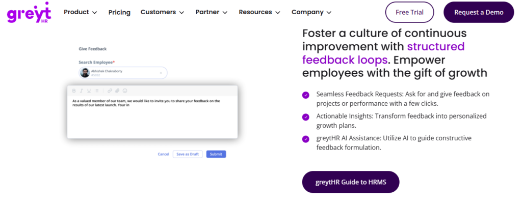 Hrms Software Onboarding Hr Software Greythr Structured Feedback Interface Letting Managers Request And Give Employee Feedback With Ai Assistance