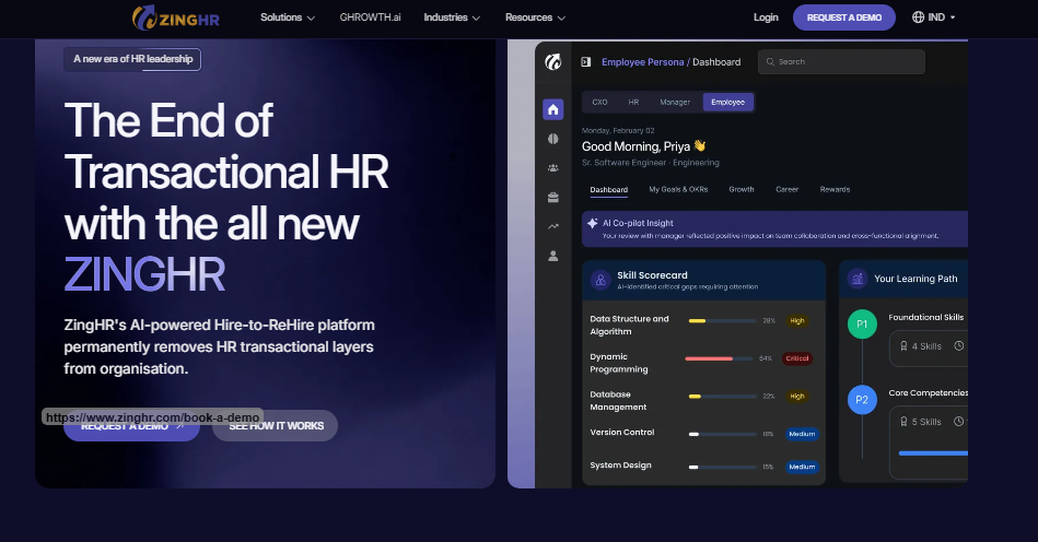 Hrms Software Onboarding Hr Software Zinghr Ai-Powered Hire-To-Rehire Employee Dashboard Showing Skill Scorecard, Learning Path, And Okrs