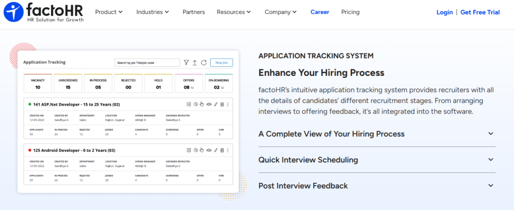 Hrms Software Onboarding Hr Software Factohr Application Tracking System Dashboard Showing Recruitment Stages, Vacancy Counts, Offers, And Onboarding