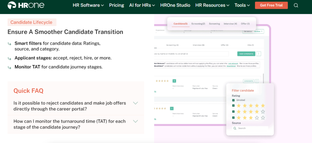 Hrms Software Onboarding Hrone Hrone Candidate Lifecycle Screen With Smart Filters, Applicant Stages, And Tat Monitoring For Recruitment