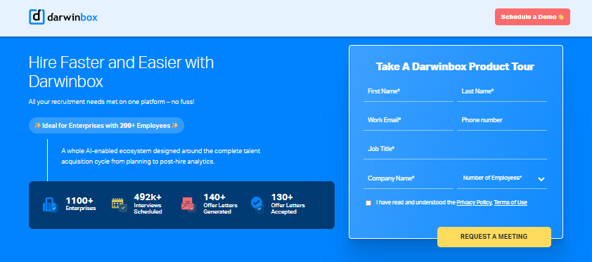 Hrms Software Onboarding Hrone Darwinbox Recruitment Page With Product Tour Form And Enterprise Hiring Metrics For 1100-Plus Companies