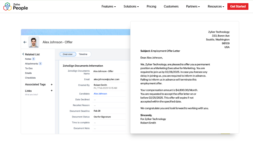 Hrms Software Onboarding Hrone Zoho People Digital Offer Letter And E-Signature Workflow Inside Its Recruitment And Onboarding Module