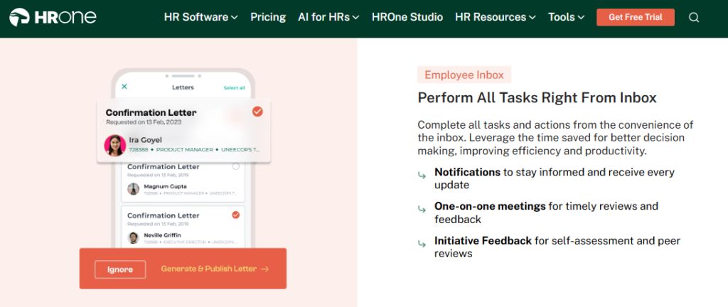 Hrms Software Hr Technology Hrone Hrone Employee Inbox Showing Confirmation Letters, Notifications, And One-On-One Meeting Tasks In One Place
