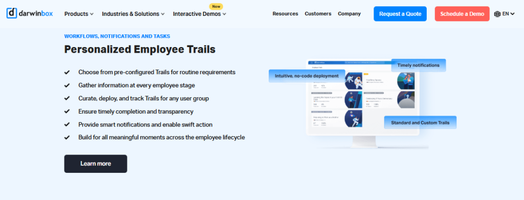 Hrms Software Hr Technology Hrone Darwinbox Personalized Employee Trails Workflow Screen With No-Code Deployment And Lifecycle Notifications
