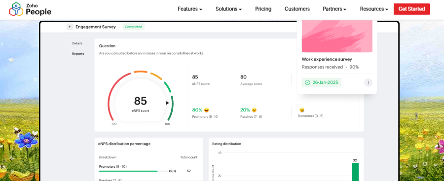 Hrms Software Hr Technology Hrone Zoho People Engagement Survey Report Showing 85 Enps Score With Promoter And Detractor Distribution