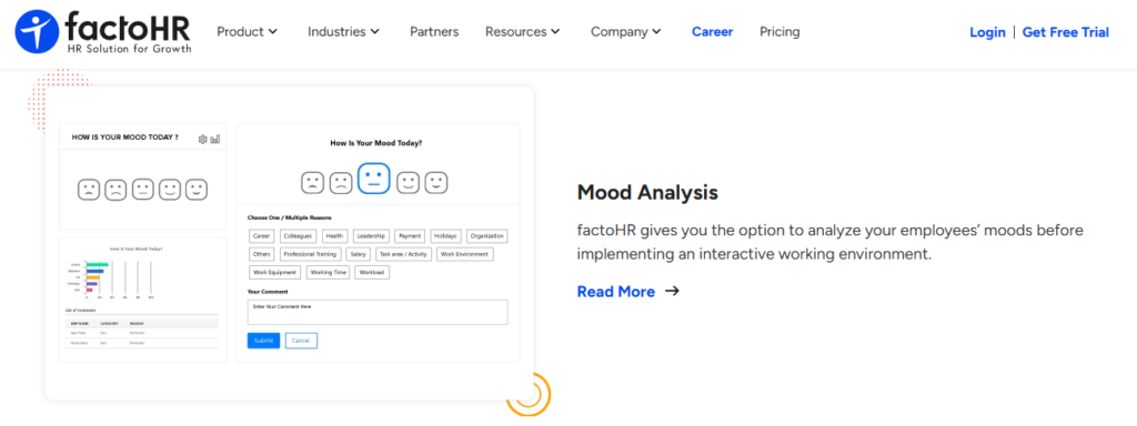 Hrms Software Hr Technology Hrone Factohr Mood Analysis Screen With Emoji-Based Employee Mood Check And Category Reason Tags