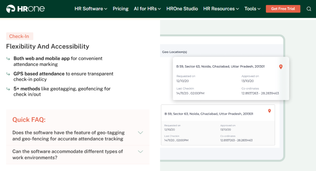 Hrone Attendance And Leave Management System Showing Gps Geo Fenced Check In On Web And Mobile App