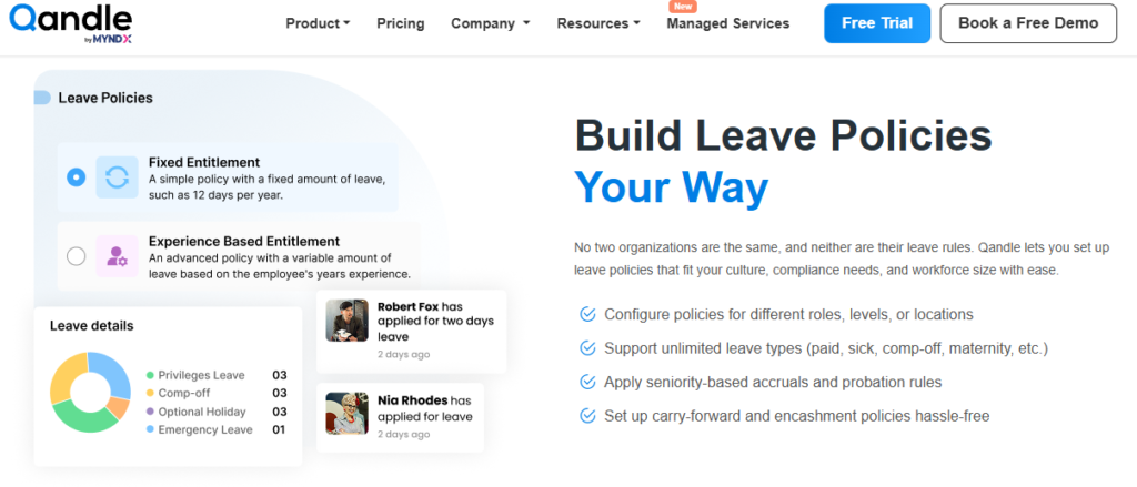 Qandle Leave Management System Screen Showing Fixed And Experience Based Leave Policy Setup With Balances