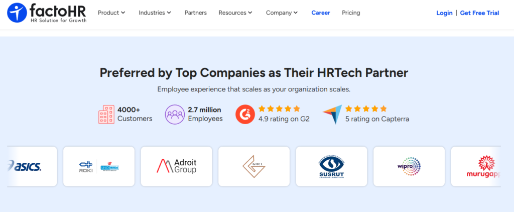 Hrms Software Hr Software Hr Software Factohr Hr Software Trust Page Showing 4000 Plus Customers, 4.9 G2 And 5 Capterra Ratings