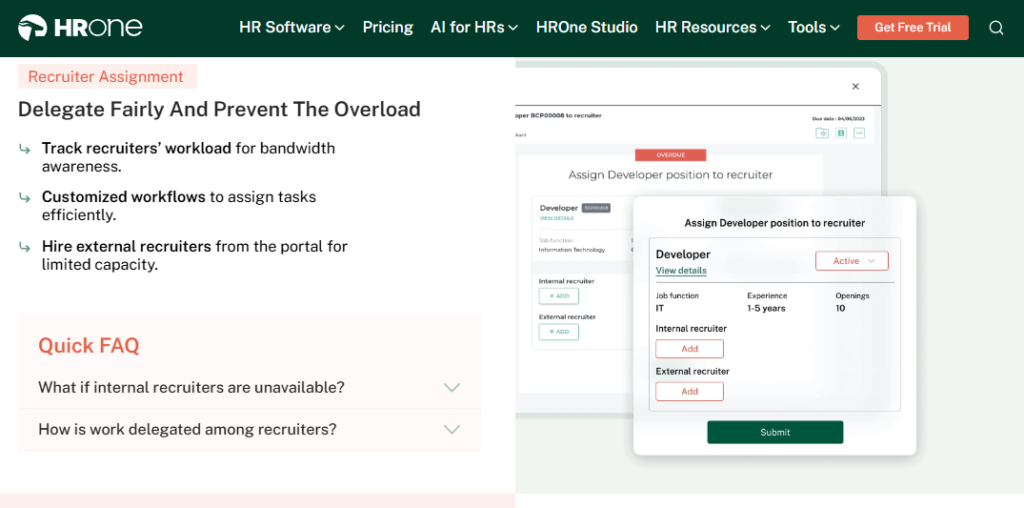 Hrms Software Hr Software Hr Software Hrone Hcm Software Recruiter Assignment Workflow Showing Workload Tracking, Customized Task Delegation, And Hiring Portal