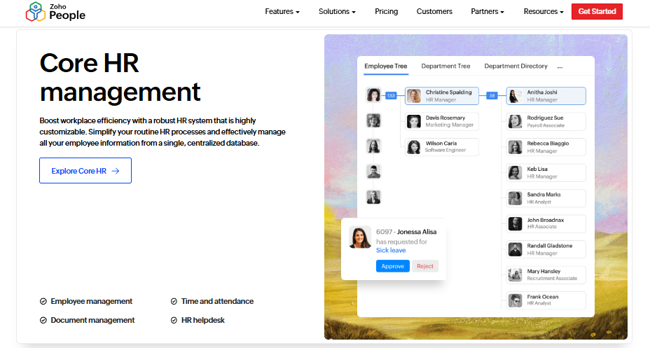 Hrms Software Hr Software Hr Software Zoho People Core Hr Management Screen With Employee Tree, Leave Approval, Attendance, And Document Management