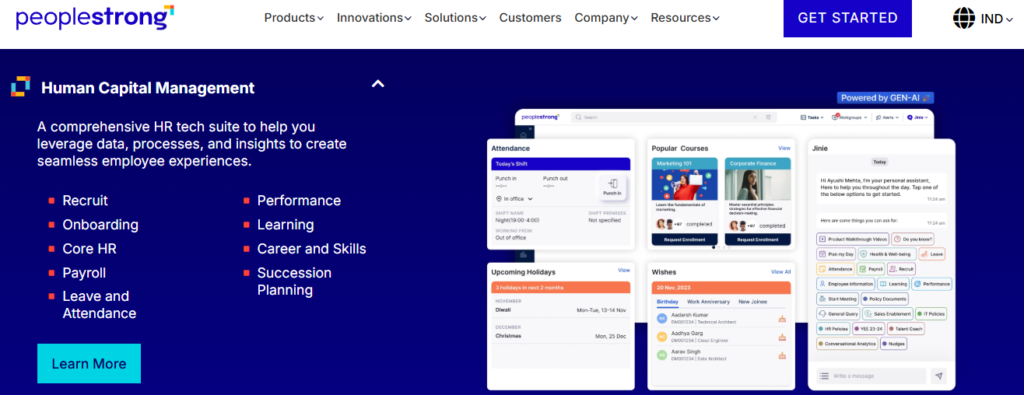 Hrms Software Hr Software Hr Software Peoplestrong Hcm Software Suite Showing Recruit, Onboarding, Core Hr, Payroll, Learning, And Mobile Gen-Ai Assistant Jinie