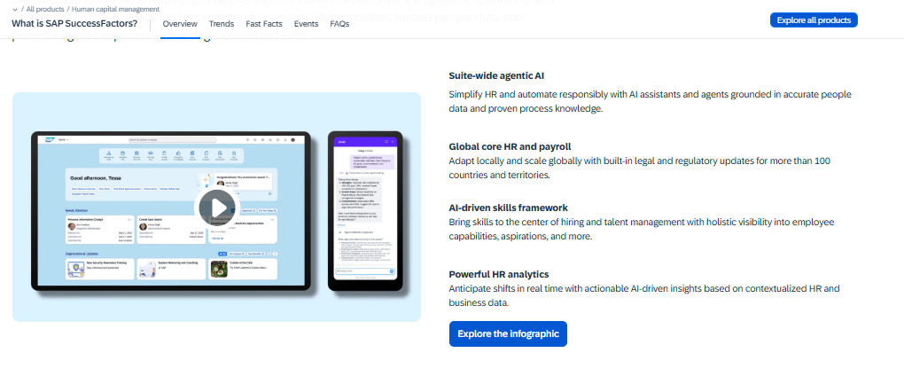 Hrms Software Hr Software Hr Software Sap Successfactors Hcm Software Dashboard Showing Agentic Ai, Global Core Hr, Payroll, And Skills Framework Features