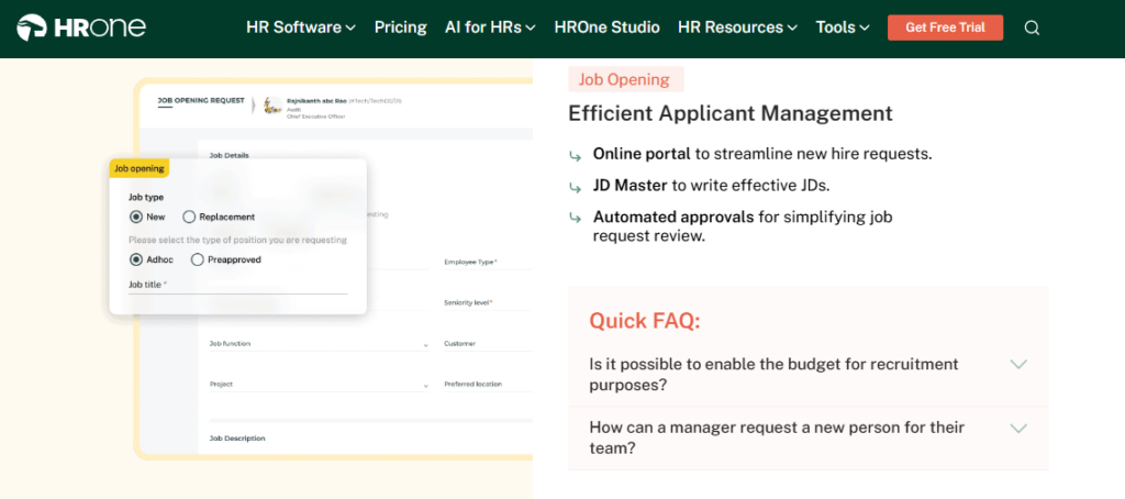 Hrone Ai Recruiting Software Efficient Applicant Management With Job Opening Requests And Jd Master Automation