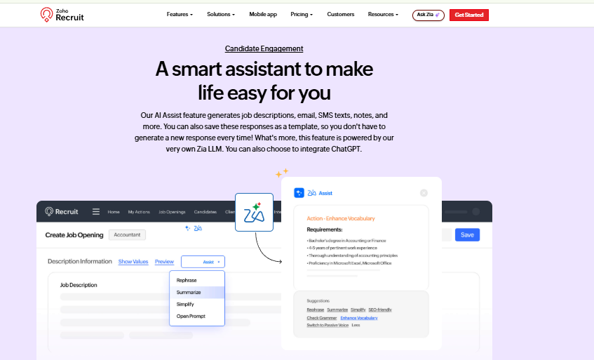 Zoho Recruit Ai Assist Generating Job Descriptions, One Of The Best Hr Software Tools For Large Companies In India
