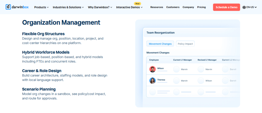 Hrms Software Hrone Darwinbox Organization Management Screen With Flexible Org Structures, Scenario Planning, And Reorganization Workflows