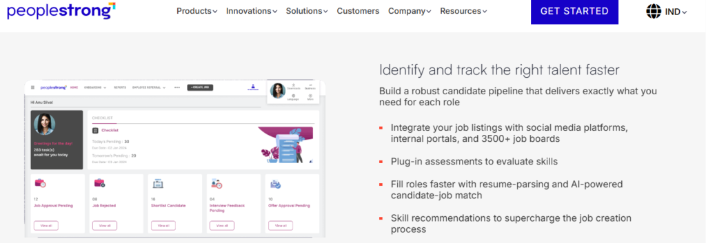 Hrms Software Hrone Peoplestrong Talent Acquisition Dashboard With Candidate Pipeline, Checklists, And Ai Resume-Parsing For Enterprises