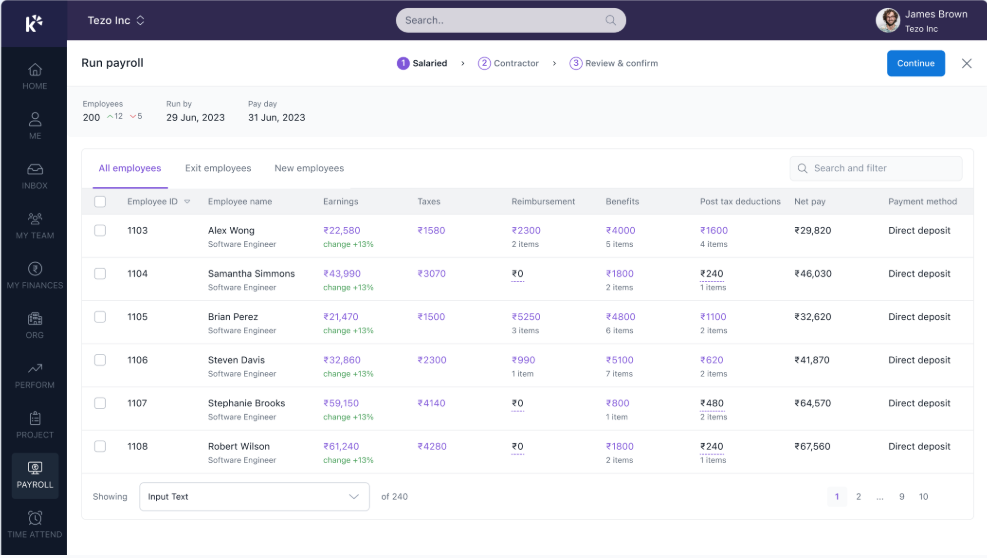 Keka Run Payroll Screen Showing Salaried And Contractor Pay Runs With Earnings, Taxes, And Net Pay