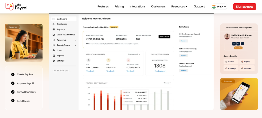 Zoho Payroll Dashboard Showing Pay Run Approval, Epf, Esi, And Tds Deduction Summary For Employees