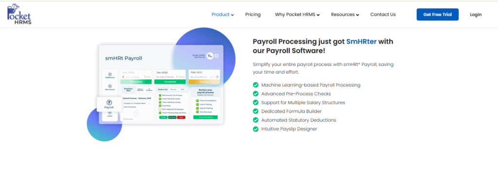 Pocket Hrms Smhrt Payroll Dashboard Showing Machine Learning Payroll Processing And Statutory Deduction Features