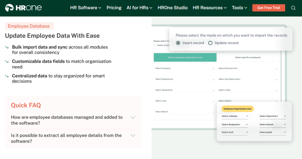 Hrone Employee Database Screen With Bulk Import, Cross-Module Sync, And Centralised Multi-Entity Data Fields
