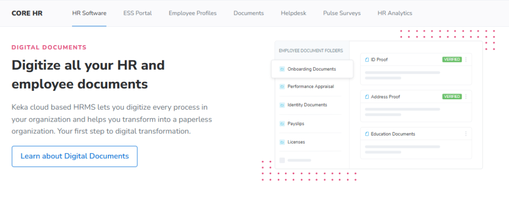 Keka Core Hr Digital Documents Screen Organising Onboarding Files, Payslips, And Verified Employee Records