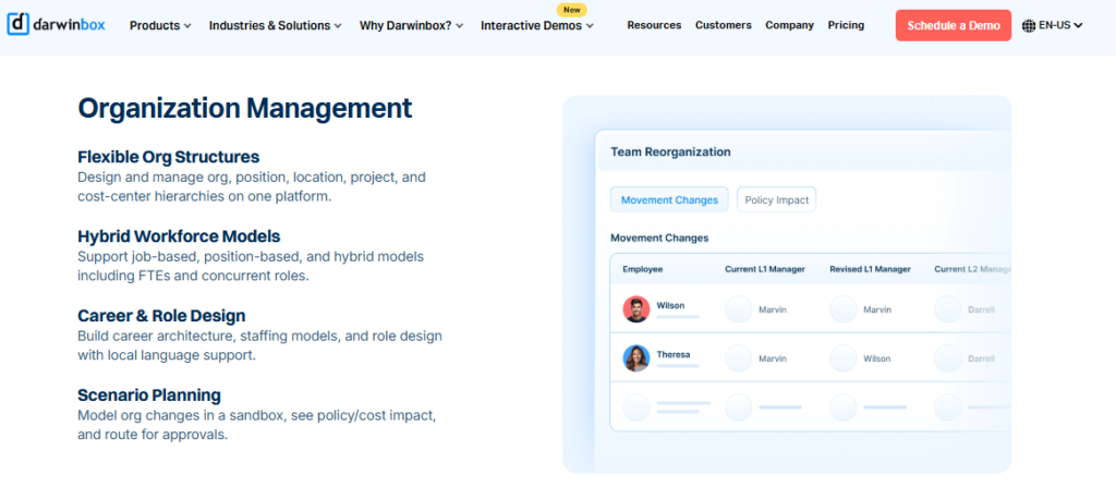 Darwinbox Organization Management Screen Showing Org Structures, Hybrid Workforce Models, And Scenario Planning