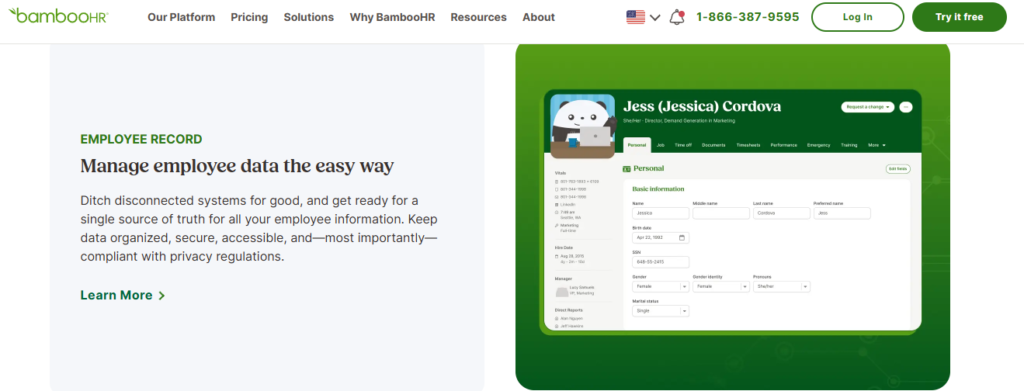  Bamboohr Employee Record Screen Presenting A Single Source Of Truth For Organised, Compliant Employee Data