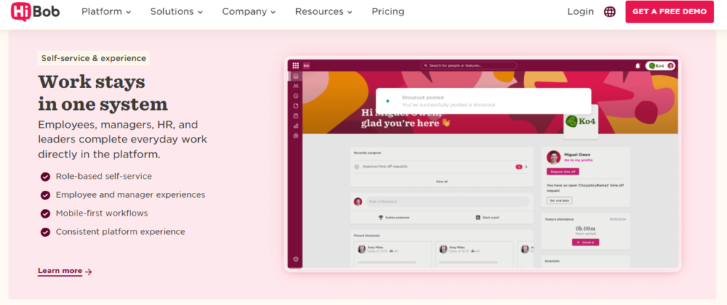 Hibob Hr Software Self-Service Dashboard Showing Role-Based Workflows And Mobile-First Employee Experience