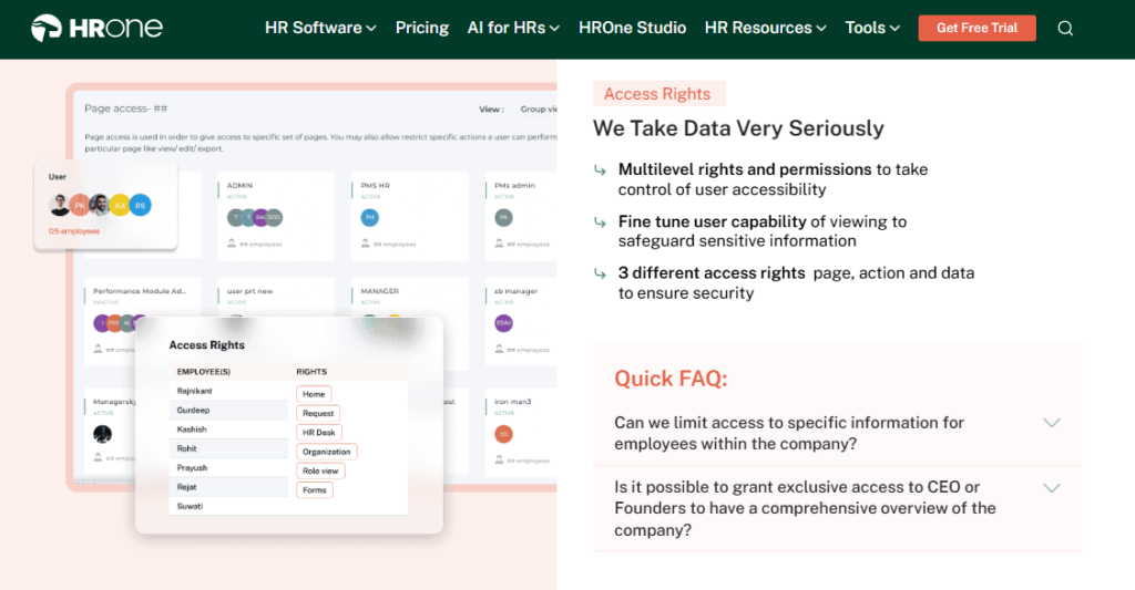 Hrone Hr Software Access Rights Screen With Multilevel Permissions And Three-Tier Page, Action, And Data Security.