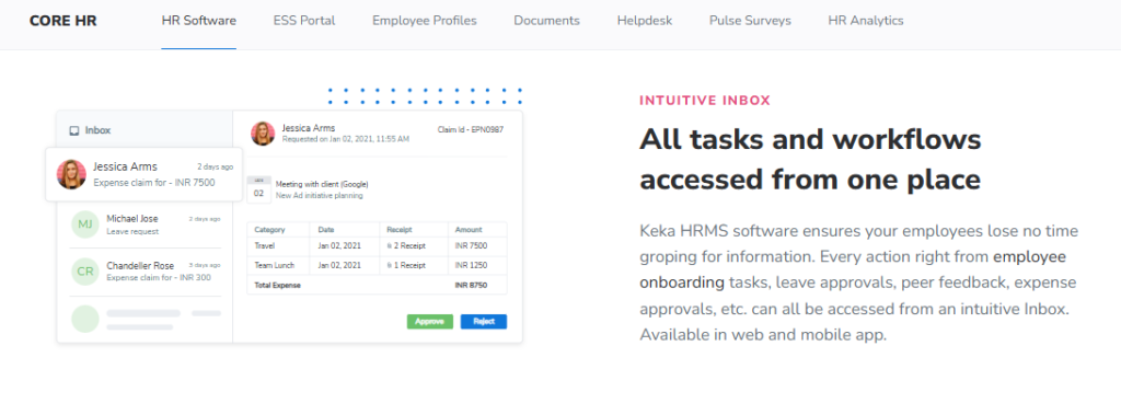 Keka Core Hr Intuitive Inbox Consolidating Expense Claims, Leave Requests, And Approvals In One Workflow View.