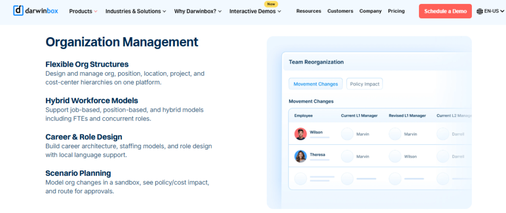 Darwinbox Organization Management Screen Showing Flexible Org Structures, Hybrid Workforce Models, And Team Reorganization View.
