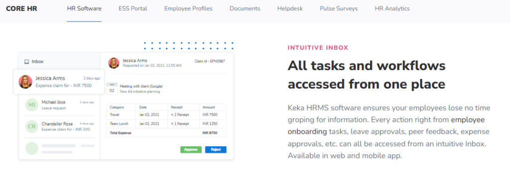 Hrms Software Hr Software Hrone Keka Intuitive Inbox Screen Showing Leave, Expense, And Onboarding Tasks Accessed From One Unified Workflow View
