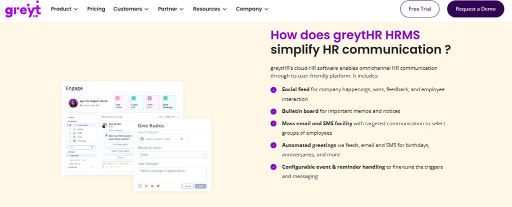 Hrms Software Hr Software Hrone Greythr Communication Screen With Social Feed, Kudos, Bulletin Board, And Automated Email And Sms Engagement Tools