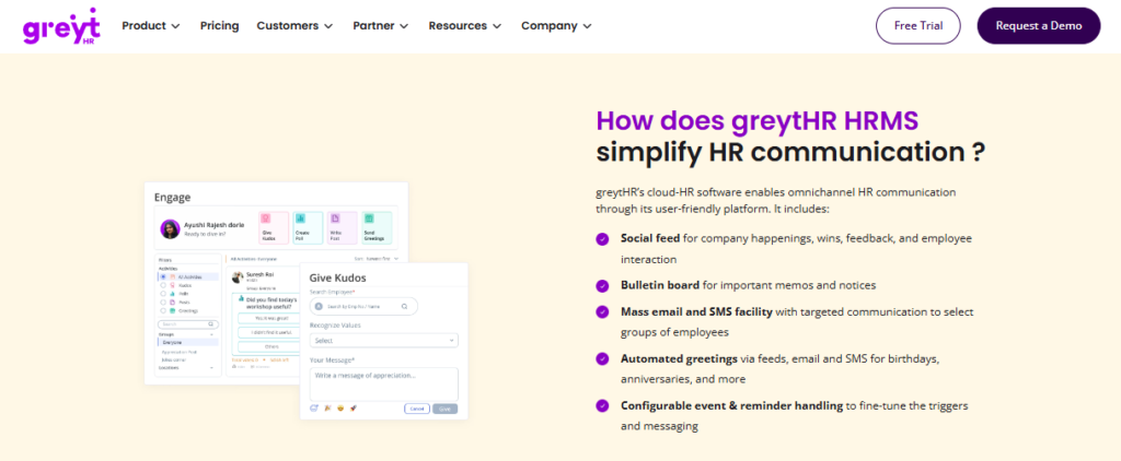 Hrms Software Performance Hr Software Greythr Engage Module Showing Social Feed, Give Kudos Recognition, Polls, And Omnichannel Hr Communication Tools.