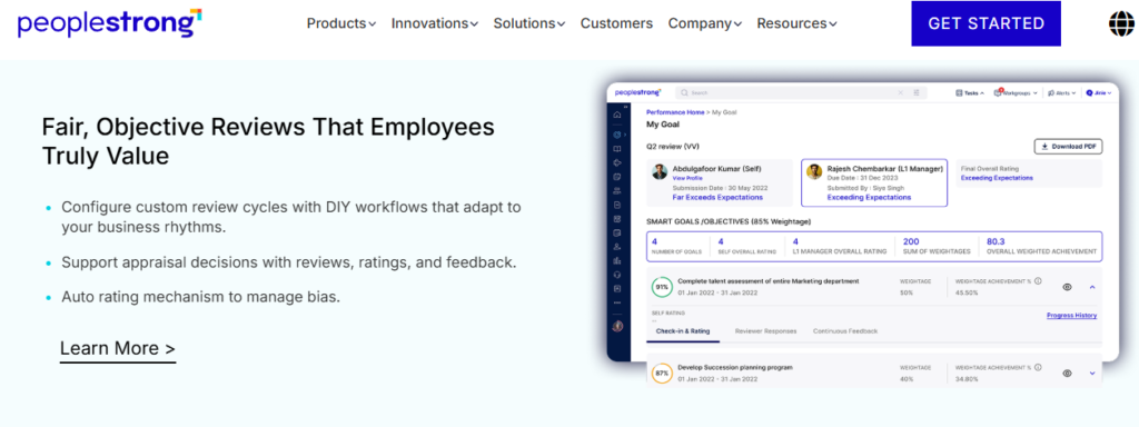Hrms Software Performance Hr Software Peoplestrong Performance Review Dashboard Showing Self And Manager Ratings, Weighted Goals, And Auto Rating To Manage Bias.