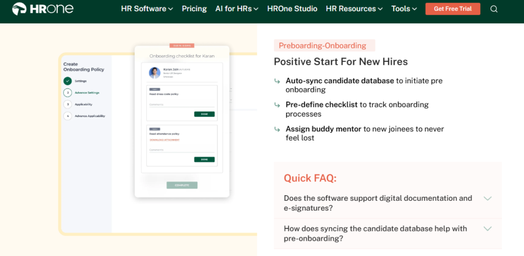  Hrone Onboarding Module Showing Pre-Boarding Checklist, Candidate Database Sync, And Buddy Mentor Assignment