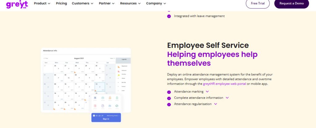  Greythr Employee Self-Service Attendance Calendar Showing Monthly Leave, Overtime, And Sign-In Tracking