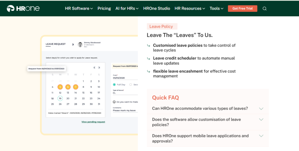 Hrone Leave Policy Screen With Leave Request Calendar, Credit Scheduler And Encashment Options Linked To Attendance